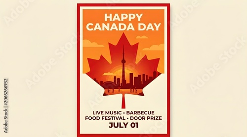 Canada day celebration poster with maple leaf and toronto skyline