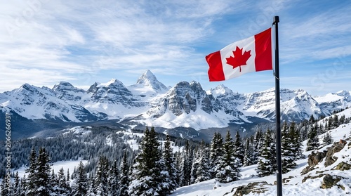 Canadian rockies mountain landscape with canadian flag
