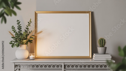 Luxury Gold Frame Mockup with Green Plants and Candle on Modern Interior Table