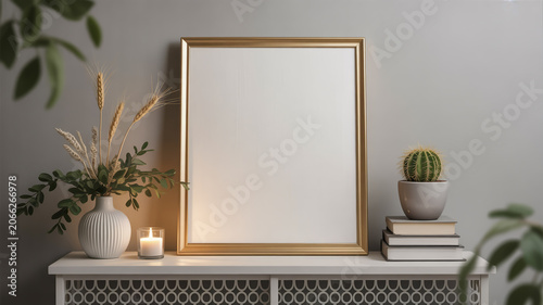 Luxury Vertical Gold Frame Mockup with Vase, Candle and Cactus in Modern Interior