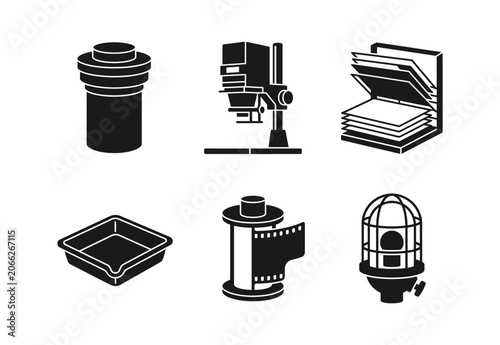 Schilderij op canvas Vintage photography equipment icons developing tank, enlarger, darkroom trays, a