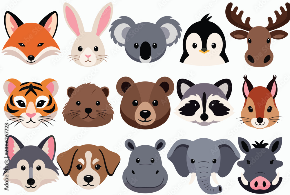 Fototapeta premium Collection of various cute animal faces including fox rabbit koala penguin moose tiger raccoon and others in a flat cartoon style.