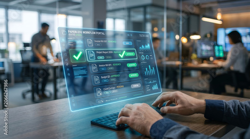 Businessman working on computer with futuristic paperless workflow portal hologram interface, approving digital documents, invoices, project reports, and budget contracts in modern office background.