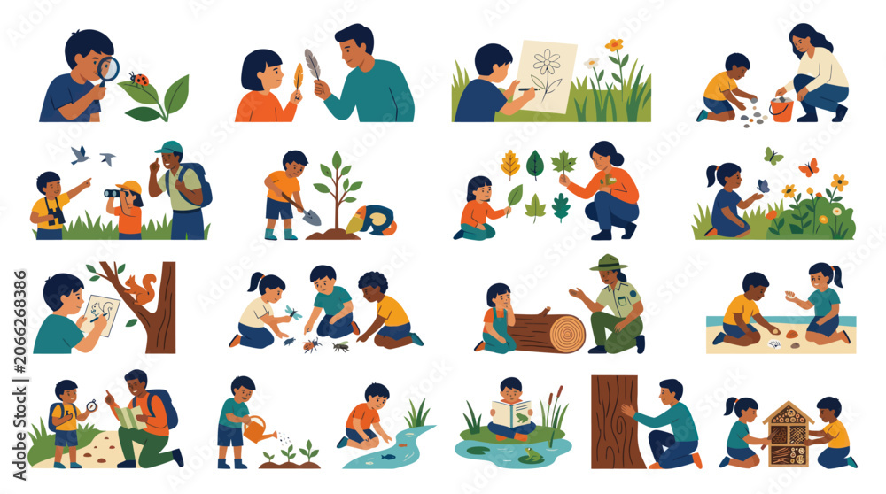 Fototapeta premium Education Flat Vector Art: Kids Adults Learning Nature, Environment, and Outdoor Exploration