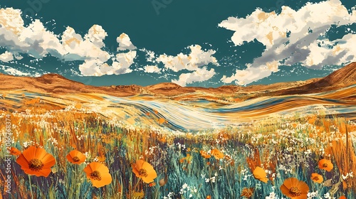Vibrant landscape illustration of a field with flowers and a dynamic sky