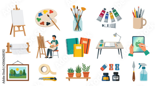 Flat Art Illustration of Artist Tools and Supplies for Creative Studio
