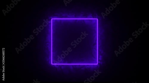Abstract mauve neon rectangle frame animation with mysterious smoke overlay, vibrant purple power lines light effect isolated on black 4K