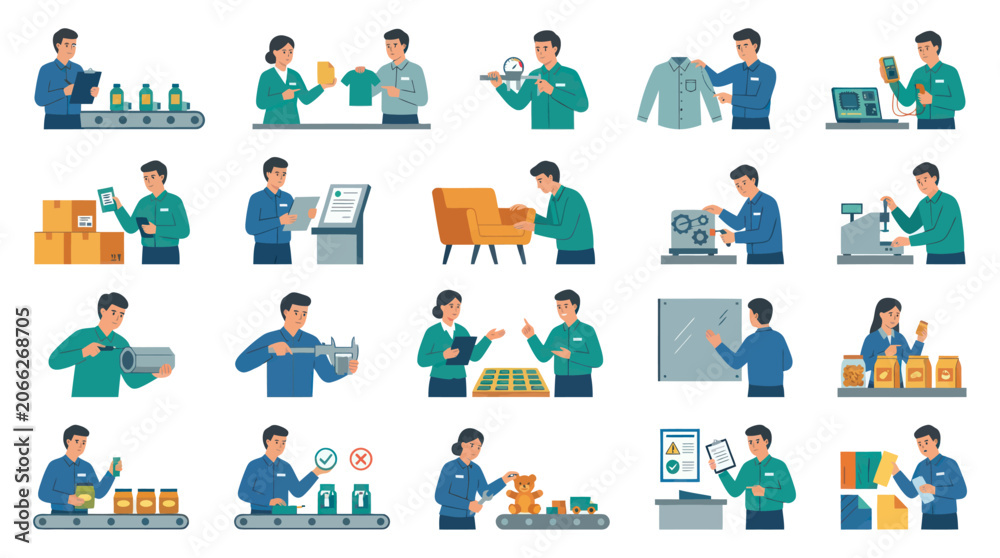Fototapeta premium Flat Vector Illustrations of Quality Control and Manufacturing Process Inspection in Various Industries