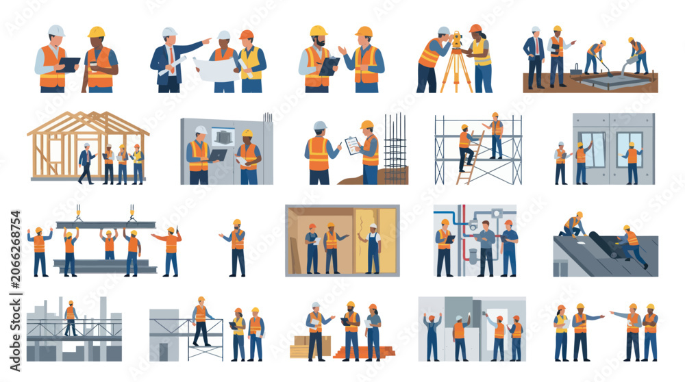 Fototapeta premium Construction Industry Engineers, Architects, and Workers Flat Vector Illustration Set: Building Process Teamwork