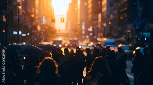 Crowded city street with people walking during a bright golden hour sunset