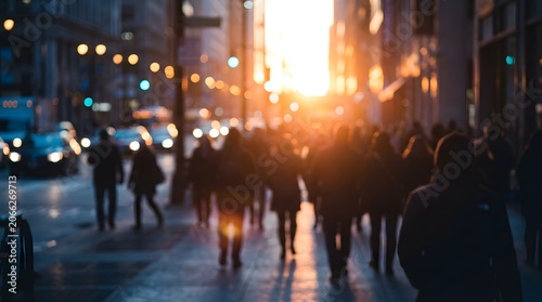 Blurred Silhouette Crowd Walking Along Urban City Street During Golden Hour Sunset