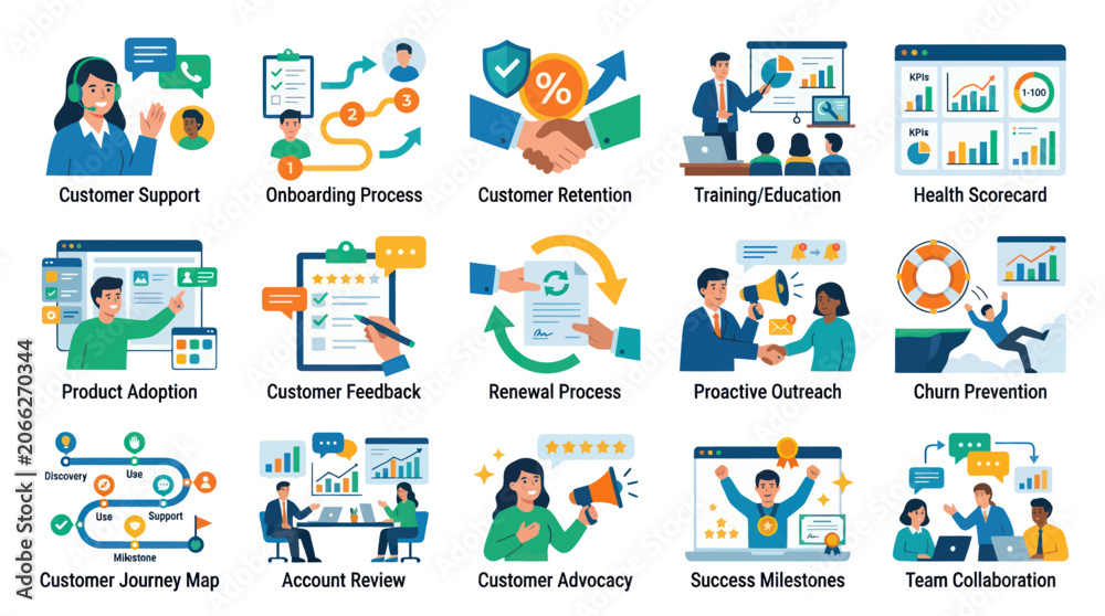 Fototapeta premium Flat Vector Customer Success Icons Set: Business Processes, Onboarding, Retention, Feedback, Support, CRM Concepts