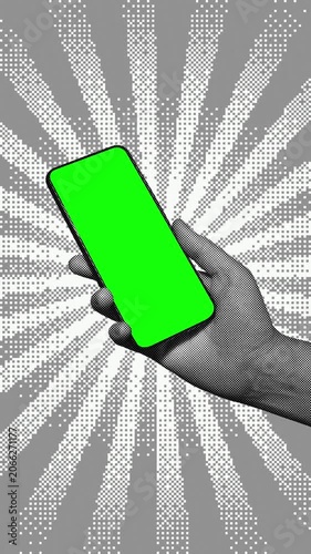 Halftone hand holding smartphone with green screen on rotating ray background. Vertical format, retro pop art style, seamless loop for mobile mockup and social media content.