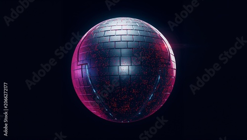 Futuristic Disco Ball Shining with Neon Pink and Blue Lights Against Dark Background