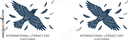 International literacy day poster with flying bird and feathers