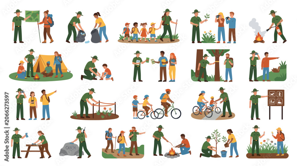 Fototapeta premium Park Rangers Helping Kids Explore Nature With Activities - Flat Style Illustration