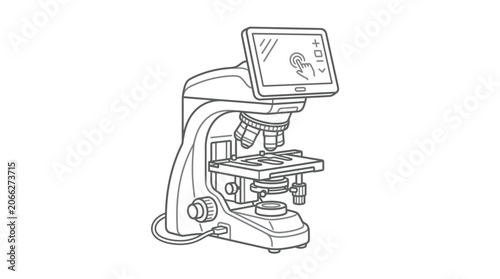 Digital microscope with touch screen interface line art icon.