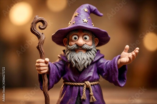 Cute Claymation Wizard Holding Magic Staff in Purple Robe On Blurred Bokeh Background