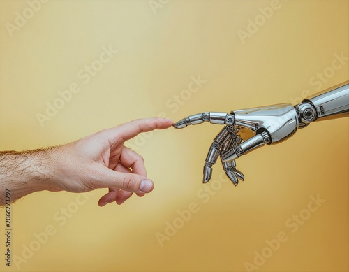 Futuristic concept of human and artificial intelligence interaction with human and robot fingers touching
