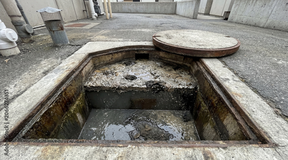 Fototapeta premium Open Lid Of Outdoor Concrete Grease Trap Showing Dark Wastewater And Separated Waste Materials System