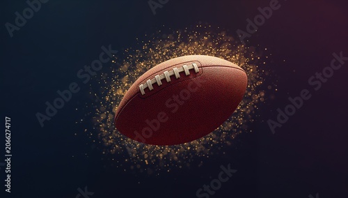 American Football Ball Floating in Dark Background with Glittering Particles