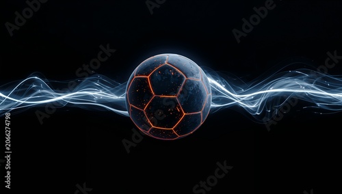 Futuristic Soccer Ball with Glowing Orange Hexagons in Dark Background