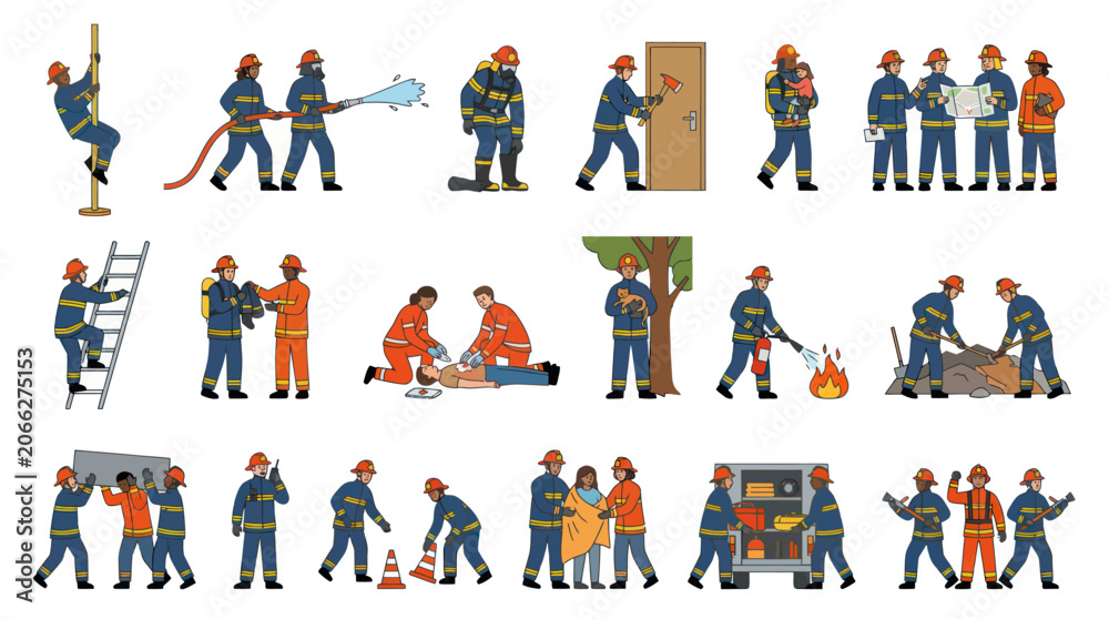 Fototapeta premium Firefighter illustration: safety, rescue, emergency services, and fire fighting actions
