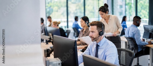 Customer service representative working in a busy call center office.