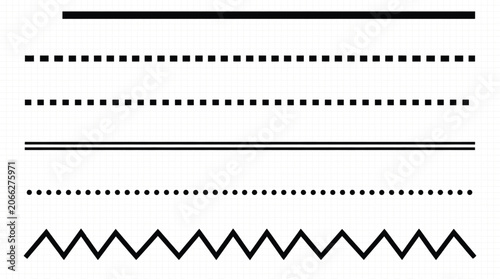Vector set of black geometric divider lines including solid, dashed, double, dotted, and zigzag stroke borders isolated on transparent grid background