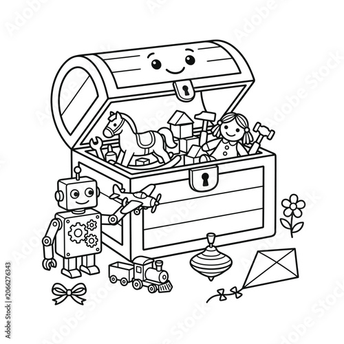 Whimsical treasure chest filled with vintage children's toys and playthings for nostalgic illustrations or storybook designs.