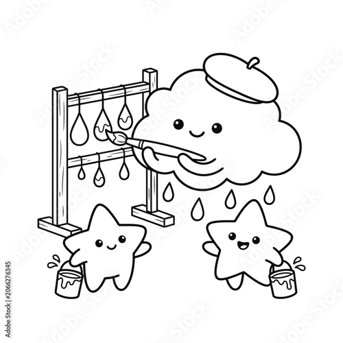 Adorable cartoon cloud with umbrella enjoying rain while cheerful stars hold buckets, whimsical weather scene perfect for children's illustrations or educational materials.