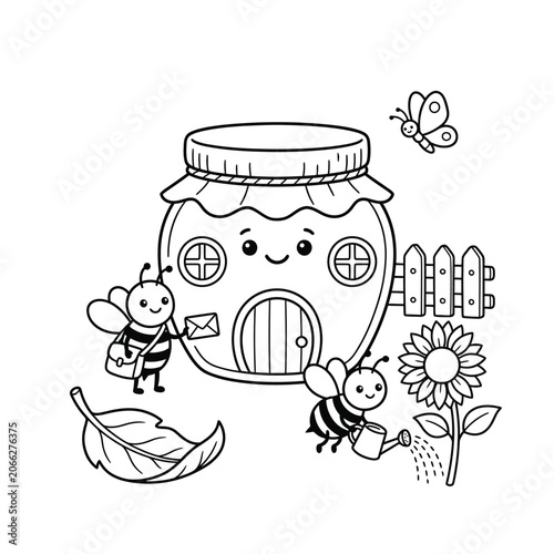 Adorable cartoon bees collecting honey from a smiling honey jar surrounded by flowers and a leaf in a whimsical garden scene.
