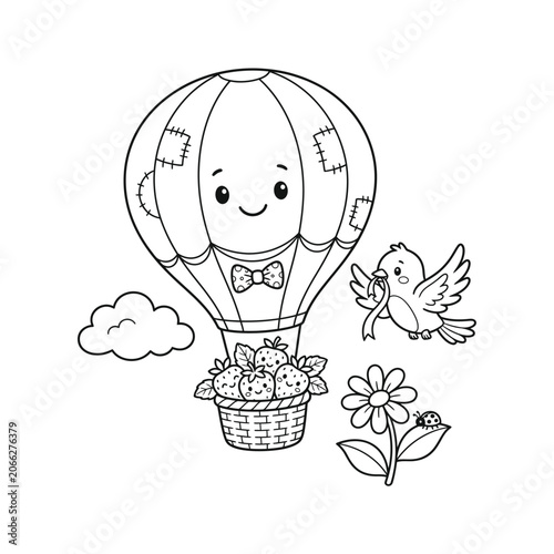 Adorable cartoon hot air balloon with a smiling character and a bird, perfect for children's illustrations and educational materials.