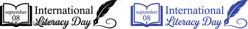 International literacy day graphic with open book and quill pen design