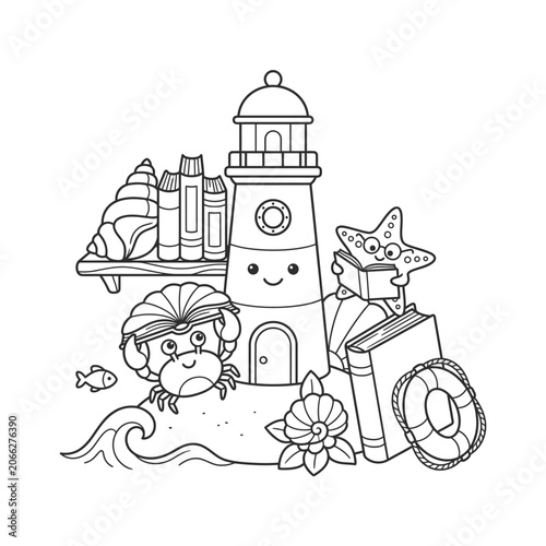 Adorable cartoon beach scene featuring a smiling lighthouse, crab, and sandcastle with a cheerful atmosphere perfect for kids' illustrations and summer-themed designs.