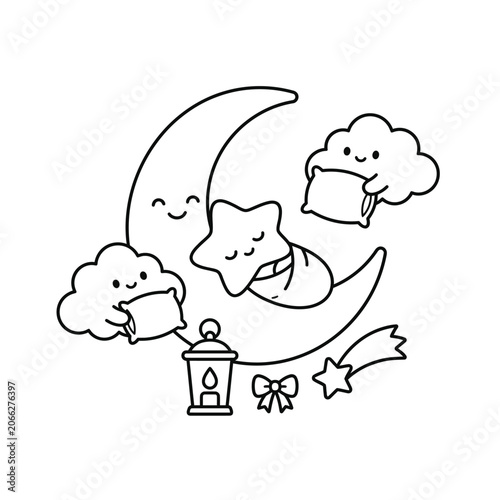 Whimsical cartoon illustration of a sleeping child hugging a crescent moon with a lantern and ribbon for dreamy bedtime stories.