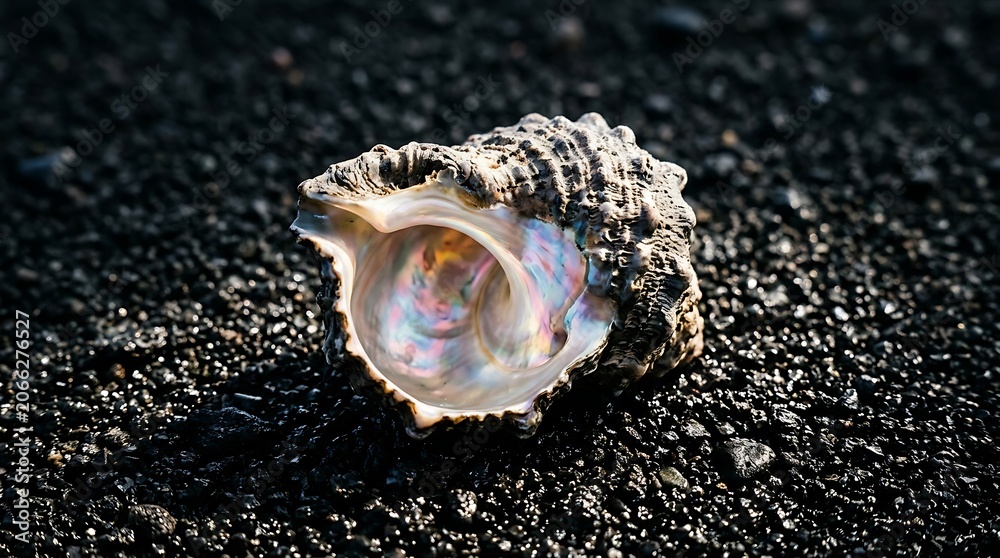 Naklejka premium Single iridescent seashell resting on dark black volcanic sand