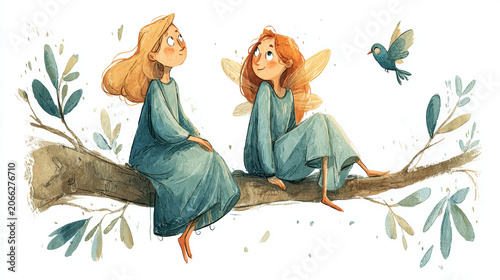 Angel and fairy sitting on tree branch, Flat illustration --chaos 10 --ar 16:9 --profile zboktle --stylize 500 --v 7 Job ID: 01fa9a7d-3199-40d9-be4d-e51ce9034730