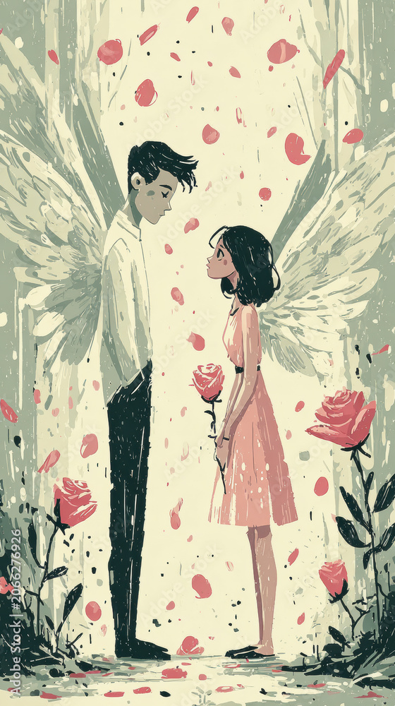 Fototapeta premium Angel and fairy surrounded by floating petals, Flat illustration --chaos 10 --ar 9:16 --profile zboktle --stylize 500 --v 7 Job ID: 22a4b8a4-e04b-4b6a-b514-2c742f114e10