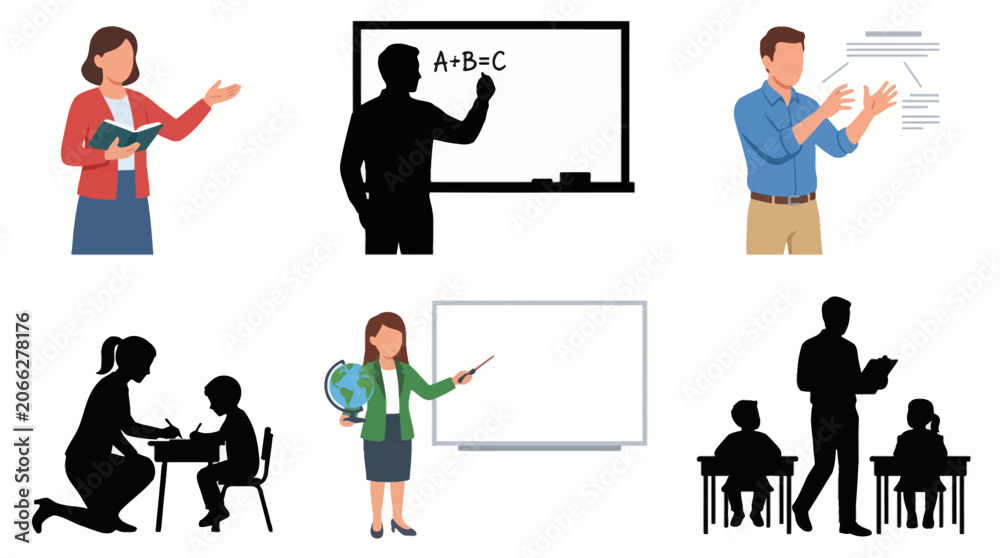 Obraz premium Professional vector collection featuring 6 different teacher character poses, teaching lessons, writing on board, explaining concepts, helping students, presenting educational materials