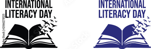 International literacy day logo with open book and birds