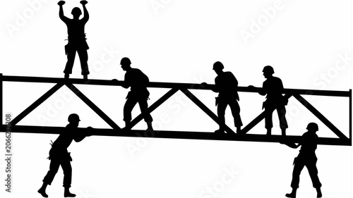 Military engineers assemble bridge silhouette vector