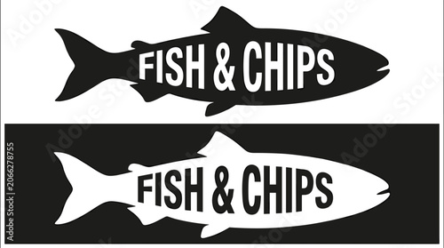Fish and chips vector logo template with fish silhouette and vintage typography for seafood restaurant branding, fast food packaging, or cafe signs.