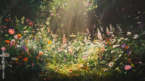 Vibrant wildflowers bloom under sunlit canopy in idyllic garden scene
