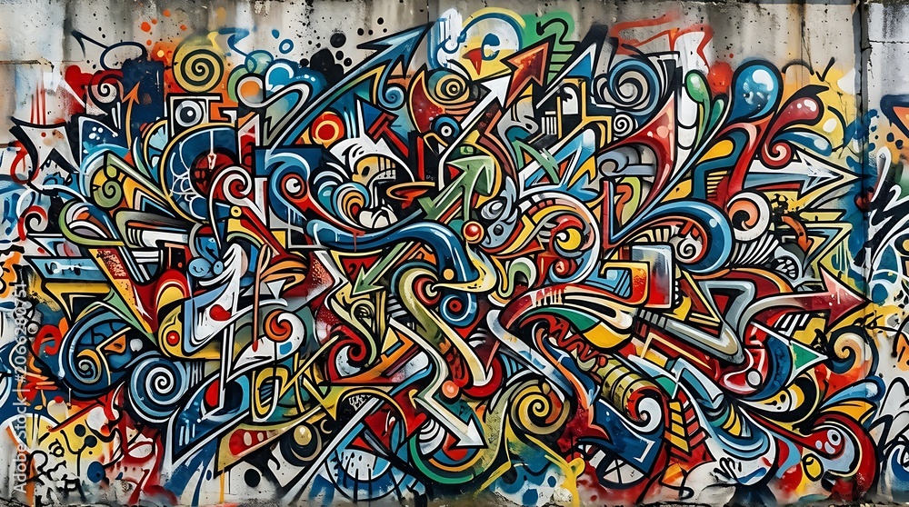 Fototapeta premium Vibrant abstract graffiti wall art with colorful swirls and arrows