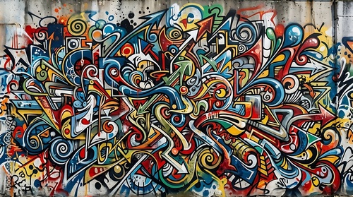 Vibrant abstract graffiti wall art with colorful swirls and arrows