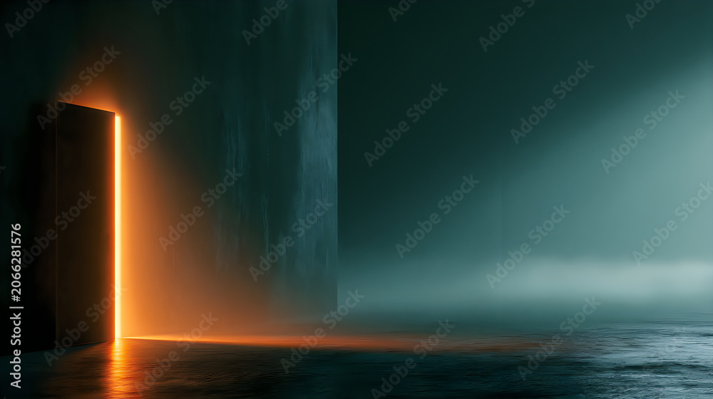Fototapeta premium Abstract background with a glowing orange portal in a dark, misty, and moody environment, featuring a minimalist monolithic structure and reflective floor surface