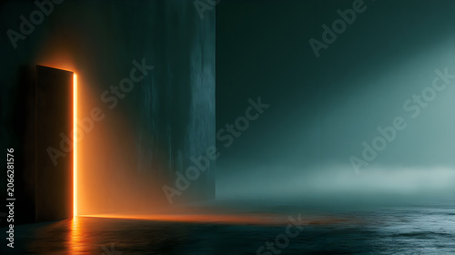 Abstract background with a glowing orange portal in a dark, misty, and moody environment, featuring a minimalist monolithic structure and reflective floor surface