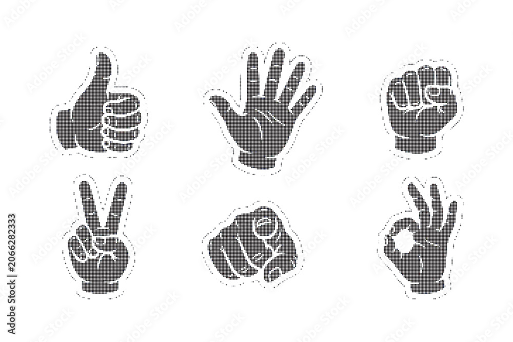 Fototapeta premium Cartoon hand stickers in black and white for various expressions
