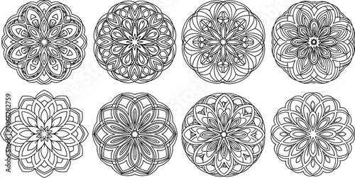 Fotografie Symmetrical mandala vector pattern collection featuring intricate geometric line